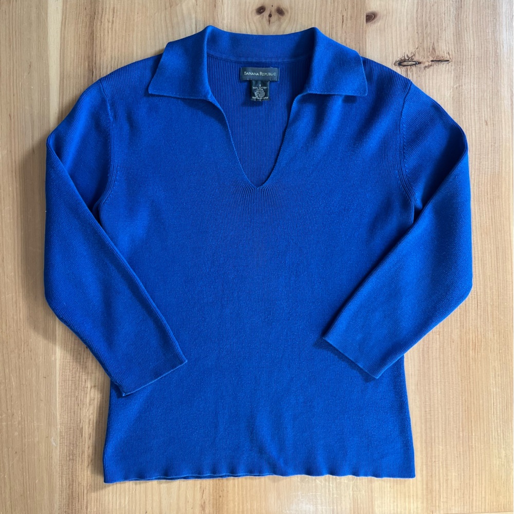 Banana Republic Blue Collared V-Neck Sweater Women’s Small Cotton Blend